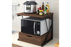 BAKAJI Scaffalatura Mobile Scaffale Porta Microonde Struttura in Metallo con Ripiano in Legno MDF e Cassetto Organizer Mensola Porta Utensili Strumenti Cucina Design Moderno 54 x 35 x 50 cm (Noce)