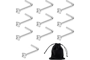 SLEEKEE Lot de 10 piercings de nez en cristal transparent, 1 pochette en velours, clous de nez percés en argent sterling, boucles d'oreilles microcristaux, clous de nez en forme de L, boucles d'oreilles en
