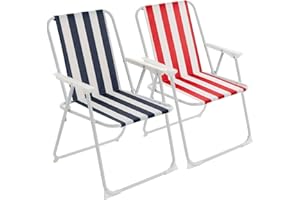 Harbour Housewares Folding Beach Deck Chairs - Blue/Red Stripe - Pack of 2 - Metal Outdoor Patio Seat Lightweight Portable Deck Chair for Picnic, Garden, Camping, Fishing