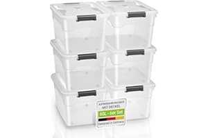 Juskys Aufbewahrungsbox mit Deckel - 6er Set Kunststoff Boxen 60l - Box groß, stapelbar, transparent - Aufbewahrung Ordnungssystem Aufbewahrungsboxen