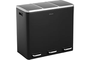 Homra Triple Kitchen Bin Large 3x18l – Triplet Rubbish Bins 3x18l - 3 Compartment Pedal System – Trio Section Waste&Recycling Separation – Soft Close – Inner Buckets with Handles - Stainless Steel