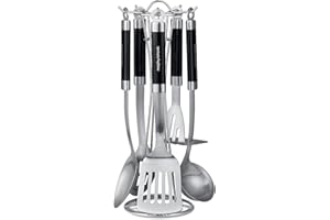 Morphy Richards Lot de 6 ustensiles de cuisine avec support en acier inoxydable Noir/Argent