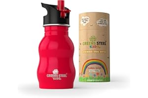 GREENS STEEL Botella de Acero Inoxidable para Niños - 350ml, Rojo I Tapa Mejorada Contra Fugas con Pajita y Asa I Botella de Agua para Niños Sorbe Fácil I Botella de Bebida I Ideal para Lonchera o Regalo