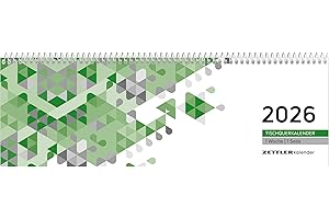 ‎ZETTLER Zettler Tischquerkalender 1W/1S grün 2026 – Wochenkalender 30 × 10 cm, 1 Woche auf 1 Seite mit Stundeneinteilung 7–19 Uhr, FSC-zertifiziert, praktischer Bürokalender für Schreibtisch & Homeoffice