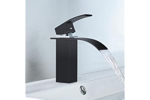 ROVOGO Waterfall Black Basin Mixer Taps, Square Monobloc Basin Tap, Single Handle Bathroom Sink Brass Mixer Tap