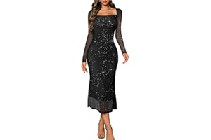 DRESSTELLS Womens Sequin Formal Party Dresses Long Sleeve Mesh Ruched Bodycon Maxi Wedding Guest Dress