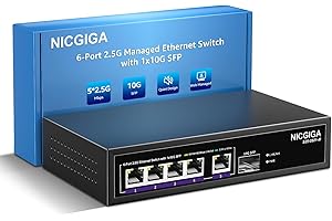 5-portowy przełącznik Ethernet 2.5G z łączem uplink 10G SFP, NICGIGA Managed 2.5 Gb Network Switch, Plug & Play, Desktop/Wall-Mount, Fanless Metal Design.