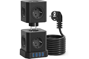 VOOMY Gniazdo kostkowe 12 w 1 z USB, zdejmowana listwa zasilająca z przełącznikiem, dwuczęściowa ochrona przed przepięciem, kabel Powercube 2M do biura, domu, czarny