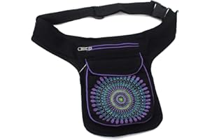 FUREIN Marsupio in tessuto casual con motivi etnici, 3 tasche con chiusura a zip, taglia unica, tracolla regolabile (18 x 16 x 3 cm) Nero Mb-1 viola