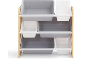 KIDOZ ONLINE KIDS SHOP Kidoz Wooden Toy Storage Unit with 6x Removable Toy Boxes - Children's Toy Organiser, 3 Shelves - 2 Sizes of Storage Bins for Toys & Books - Ideal for Bedroom, Nursery or Playroom (Natural Wood)