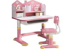 WASHRANP Kids Desk and Chair Set, Small Desk Widened Desktop Desk Chair Set, Golden Distance Preventing Myopia Design, Kids Height Adjustable Study Table, Pink Kids Table and Chair (Pink A)