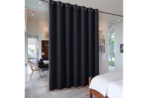 PONY DANCE Eyelet Extra Wide Room Divider Curtain - Blackout Thermal Insulated Privacy Curtain for Bedroom 180 x 96 Inch Light Blocking Energy Saving Drape for Hotel Living Room, 1 Panel, Black