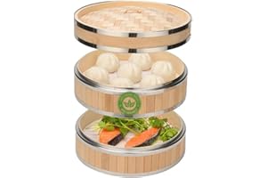 COOL DESIGN Vaporera de bambú Reforzada, La vaporera de bambú con Anillos de Acero Inoxidable de 18 cm, Doble Cesta, con 2 mayas de Silicona Reutilizables, la Vaporera de Bambú más Resistente