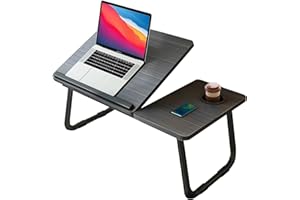 KKTECH Laptop Tray with Adjustable Angle, Space-Saving Bed Table with Foldable Legs, Cup Slot, Book Holder, Reading Stand, Versatile Laptop Table for Bed Use (BLACK)