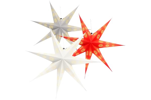 COM -FOUR® 3x lysande stjärna i 3D med lysdioder - Julstjärna med LED -belysning och timer - Premium pappersstjärna att lägga på (3 st - 60 cm - röd. Vit. silverfärgad)