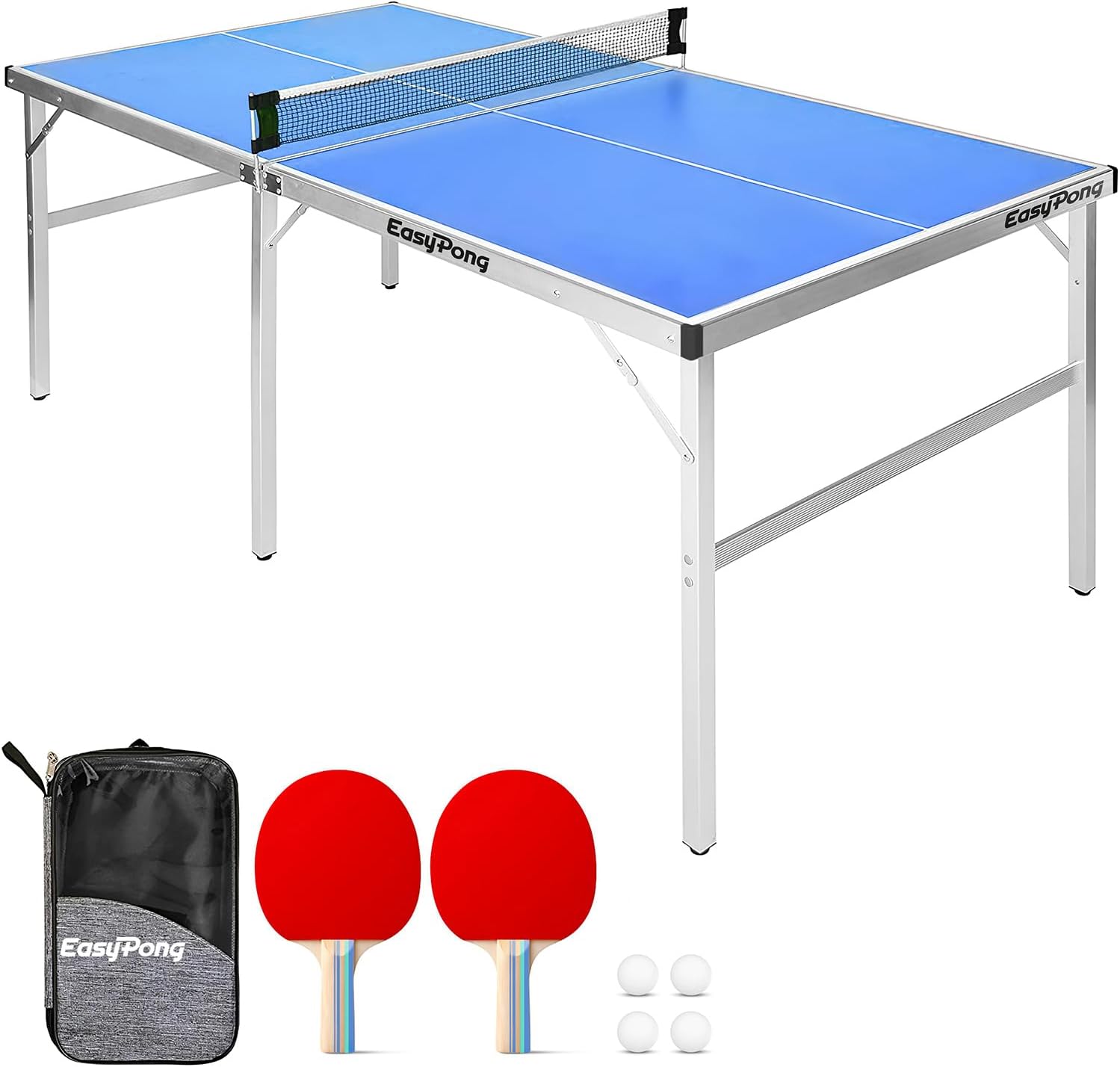 Original Cup EasyPong | Mesa de Ping Pong Azul | 182x91cm Fácil de Transportar | Estable | Ideal para Exterior e Interior | 2 Raquetas + 4 Pelotas | Tenis de Mesa | 100% diversión