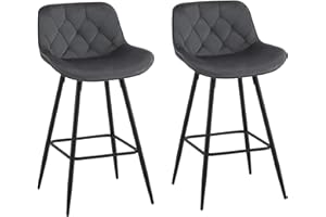 EUGAD Tabourets de Bar Lot de 2, Chaise de Bar avec Dossier, Pieds et Repose-Pieds Métalliques, en Velours, Siège Rembourré, pour Bar, îlot de Cuisine, Gris foncé, 1069BY-2