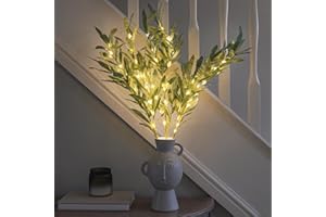 Festive Lights - 3 x 65cm Decorative Olive Leaf Branch Lights (1 Pack) with 60 Warm White LEDs - Battery Powered Indoor Foliage, Green Design, Timer Function, Clear Cable, Twig Style Vase Display