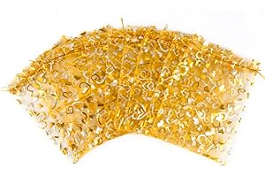 CLTPY 100PCS Sacchetti Organza 15x20cm Sacchetti in Organza con Stampa a Cuore in Oro Sacchetti Regalo con Coulisse Sacchetti per Confetti Sacchetti Bomboniere Matrimoni, Natale, Compleanni(Oro)