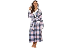 AMYTIS LINGERIE Bademantel Damen Flauschig mit Kapuze Lang Warm Bademäntel für Damen 100% Flanell Kuschelige Morgenmantel Fleece Robe