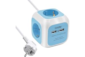 EXTRASTAR Steckdosenwürfel mit 2 USB-Anschlüssen(5V/2.1A), 4-Fach Steckdosenwürfel mit 1.5M Kabel, Mehrfachsteckdose Würfel für Büro, Heim oder Reise, Blau