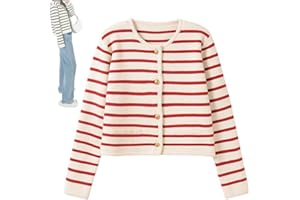 FAIRZ Lady Patch Pocket Cardigan, Women Stripe Knitted Cropped Gold Buttons Long Sleeve Round Neck Open Front Casual Sweater (One Size,Red)