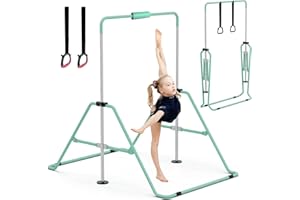 GYMMAGE Gymnastics Bars with Bar Pad, Junior Training Kip Bar Gymnastics Equipment for Home Garden, Adjustable Height Gymnastic Folding Horizontal Bar with Gymnastic Rings for Kid Boys Girls