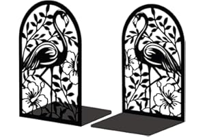 Peacoblue Metal Bookend Stopper Holder Stand for Shelves Decorative, 13.5x11x20 Modern Creative Heavy Duty Study Book End for Desk Shelf, 1 Pair (Flamingo and Tropical Plant)