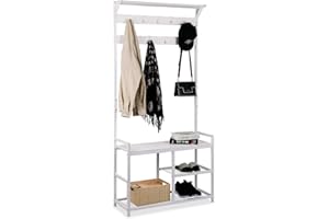 Leader Accessories Hallway Coat Stand Industrial Coat Rack free standing Hall Tree with Shoe Bench 9 Hooks Metal Frame 33"x12"x71.5"(L/W/H) White