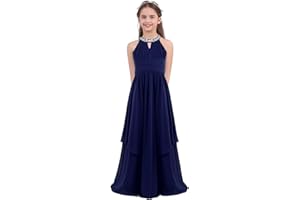 iiniim Maxi Robe Longue de Princesse Cérémonie Mariage Enfant Fille Dentelle Mousseline Halter Robe de Soirée Cocktail Fête sans Manches Grande Taille Haute 4-16 Ans