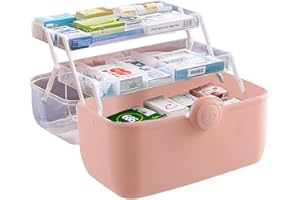 ANMOO Medicine Storage Box，3-Layers Portable First Aid Kit Container with Protable Handle Household Medicine Container (Pink)