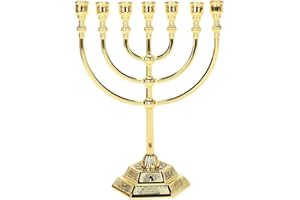 BRTAGG Menorah 7 Ramas, 12 tribus de Israel, candelabro judío con Base Hexagonal (17 cm, Oro)