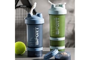 EYSOO Protein Shaker Bottle 2 Pack 500ml / 17oz Shaker Bottle for Protein Mixes Leak-proof BPA Free 3-Layer Protein Shaker with Supplement Pill Storage Container Gym Shaker Cup (Blue & Green)