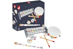 Janod - Set Musical 4 Instruments en Bois Confetti - Instrument de Musique Enfant - Jouet d'Imitation et d'Éveil Musical - Dès 2 Ans, J07600