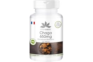 Chaga 650 mg - 100 gélules de poudre de champignons vitaux - Chaga ardoisé - hautement dosé - végétalien | Herba Direkt - Qualité des pharmacies allemandes