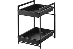 Yamazaki 1461 TOWER 2-stöckiges Spülschrank-Regal mit Schiebeböden, schwarz, Stahl, minimalistisch, 42,4～68,5 x 30,4 x 45,3 cm