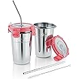 MARU Stainless Steel Tumbler with Silicon Aperture Steel Lid Leak Proof Set of 2 pcs with 2 Straws 1 Brush | Glass Tumbler Steel lid | Steel Glass with Lid Capacity 400ML (Ice Pink)