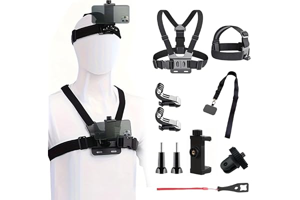 Mobile Phone Chest Strap Harness Mount Head Strap Holder Kit for VLOG/POV, Compatible with iPhone, Samsung, GoPro Hero 9, 8,7, 6, 5, 4, 3,2, 1, DJI Osmo,and Action Cameras