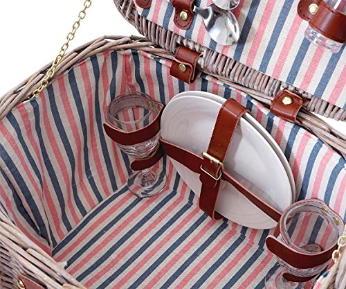 Picknickkorb-Set für 2 Personen, Picknicktasche Weiden-Korb, Porzellan Glas Edelstahl, weiß-rot - 7