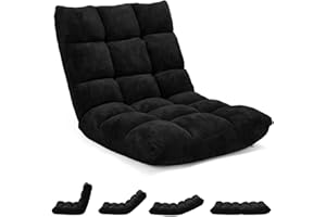 GOPLUS Chaise de Sol Pliante, Fauteuil Convertible Réglable à 14 Niveaux, Fauteuil Paresseux avec Velours Corail Confortable, Chaise de Méditation Rembourré, 105 x 56 x 15CM (Noir)