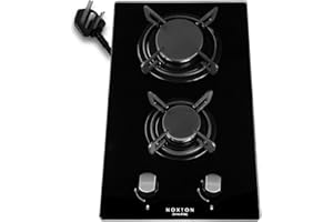 NOXTON Gas Hob 2 Burner with LPG/NG Kit, Built-in Gas Cooker Plug & Go Easy Installation, Black Tempered Glass Easy to Clean, Cast Iron Pan Support, Flame Out Protection Prevent Gas Leakage