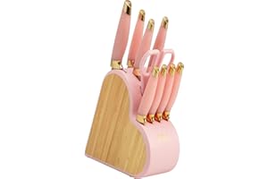 Set de Cuchillos Paris Hilton en Bloque de Bambú, 10 Piezas con Mangos Rosados y Cuchillas Doradas, Ideal para Regalo