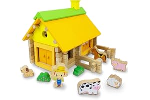 KalaDuck Tronchi di Legno Cabina Fattoria Giocattoli, 75 Blocchi da Costruzione Impilabili Fienile Giocattolo per Bambini, Casa Degli Animali Della Fattoria per Bambini di Età Superiore ai 3 Anni