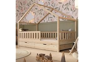 Crazy Pine Lit Cabane avec Tiroirs 190x90 cm – Lit Enfant en Bois Naturel avec Barrière – Montessori au Sol avec Espace de Rangement Supplémentaire et Barrière Amovible - Crazy House