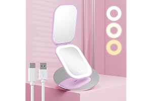 Benbilry Lighted Compact Travel Mirror with 3 Color Lights and Magnification 1X/3X, Ultra Slim Rechargeable Pocket Mirror for Purse, 2-Sided, Handheld, Folding, Portable, Purple