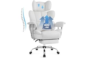 IWMH Krzesło biurowe ze skóry PU, z wysokim oparciem, duże i wysokie, z podnóżkiem i poduszką lędźwiową, ergonomiczne, komputerowe, menedżerskie, z szerokim siedziskiem i podłokietnikami, białe