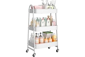 StowBin 3 Tier Metal Storage Trolley with Wheels – Rolling Utility Cart with Handle and Mesh Shelves for Kitchen, Bathroom, Office – White