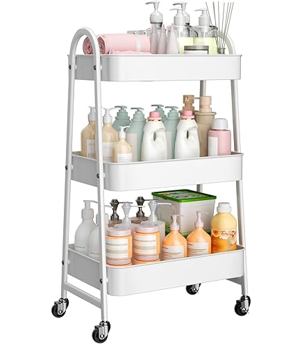 Dttwacoyh, praktische handwagen met 4 etages, mobiele trolley met laden, opbergwagen met kunststof legplanken, geschikt voor kantoren, keukens, wasruimtes, badkamers, make-up, roze