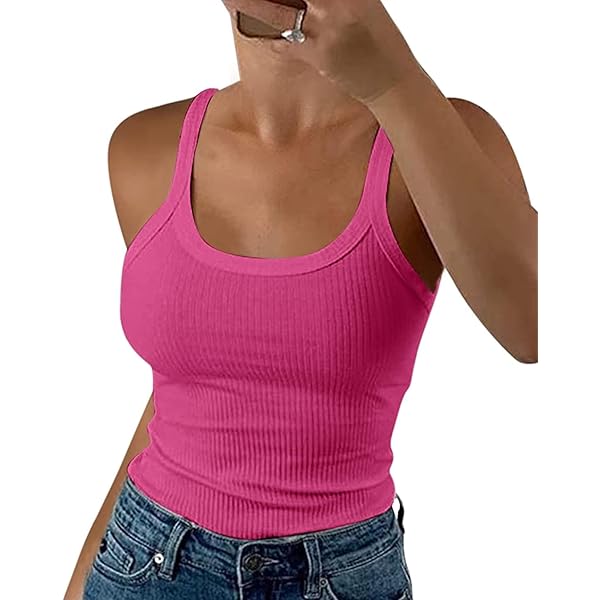 Fessceruna Damestops, sexy, U-hals, tanktop, mouwloos, zomer, bovenstuk, geribbeld, camisole met knopen, donkerroze, XS