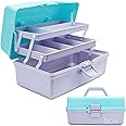 Creahaus 12in 3 Layer Multipurpose Storage Box/Craft Storage Boxes With Compartments/Plastic Tool Box/Medicine Storage Box/Hair Accessories Organiser/Sewing Box with 2 Trays (Blue Purple)